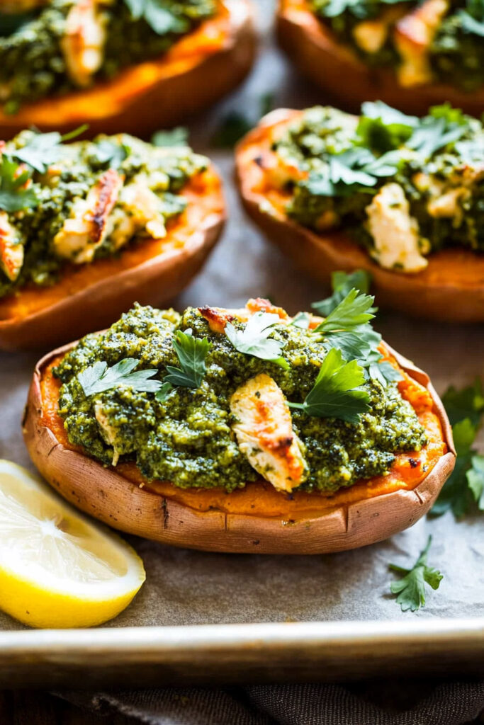 Assemble Your Chicken Pesto Stuffed Sweet Potatoes