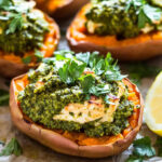 Chicken Pesto Stuffed Sweet Potatoes