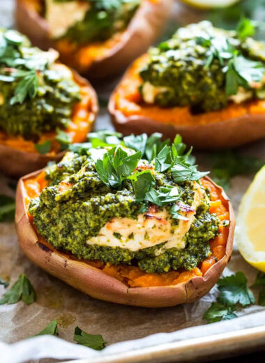 Chicken Pesto Stuffed Sweet Potatoes