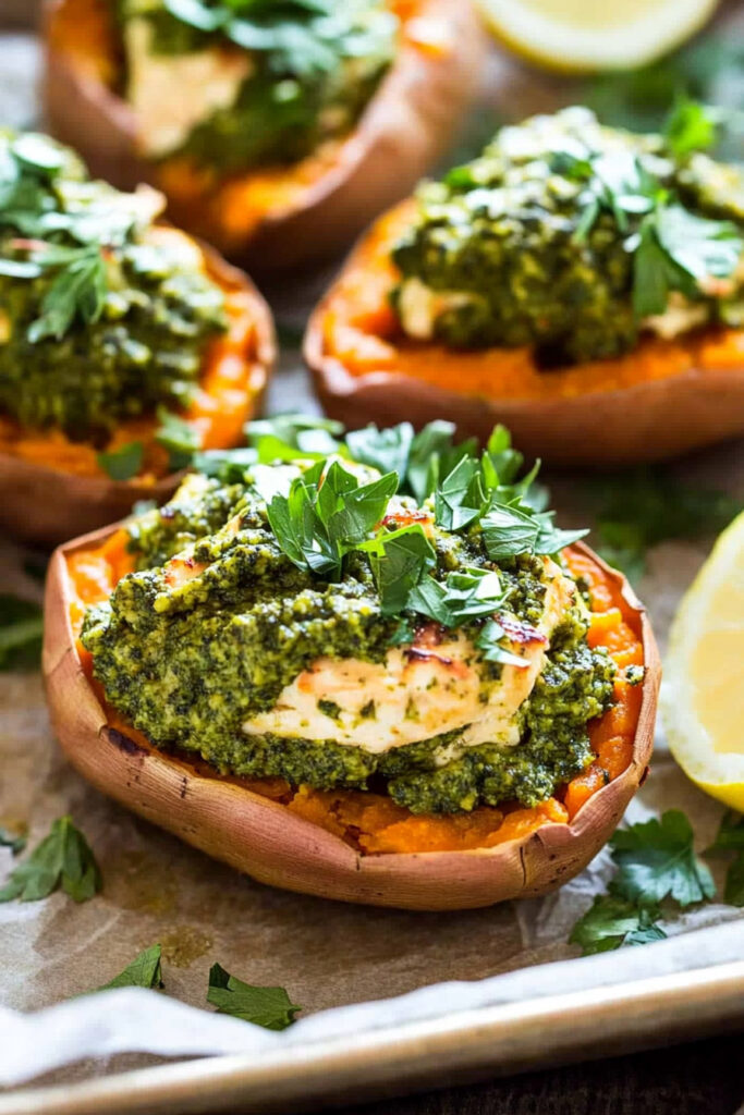 Chicken Pesto Stuffed Sweet Potatoes