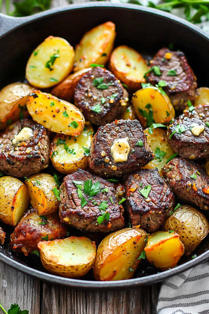 Cooking Garlic Butter Steak Bites and Potatoes