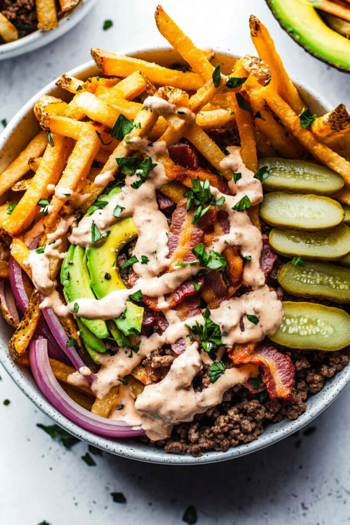 Cooking Paleo Burger Bowls with Fries