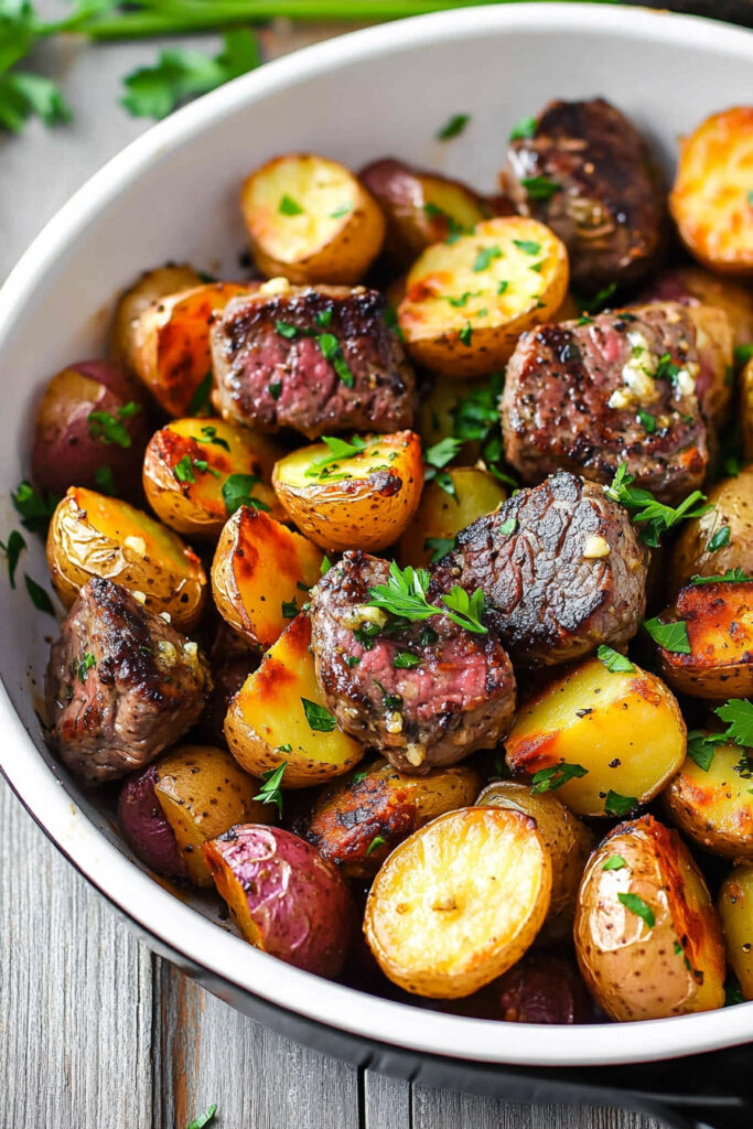 Serving Garlic Butter Steak Bites and Potatoes