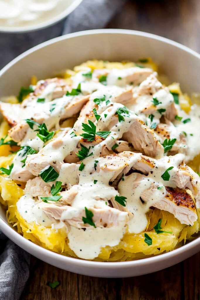 Serving Paleo Chicken Alfredo