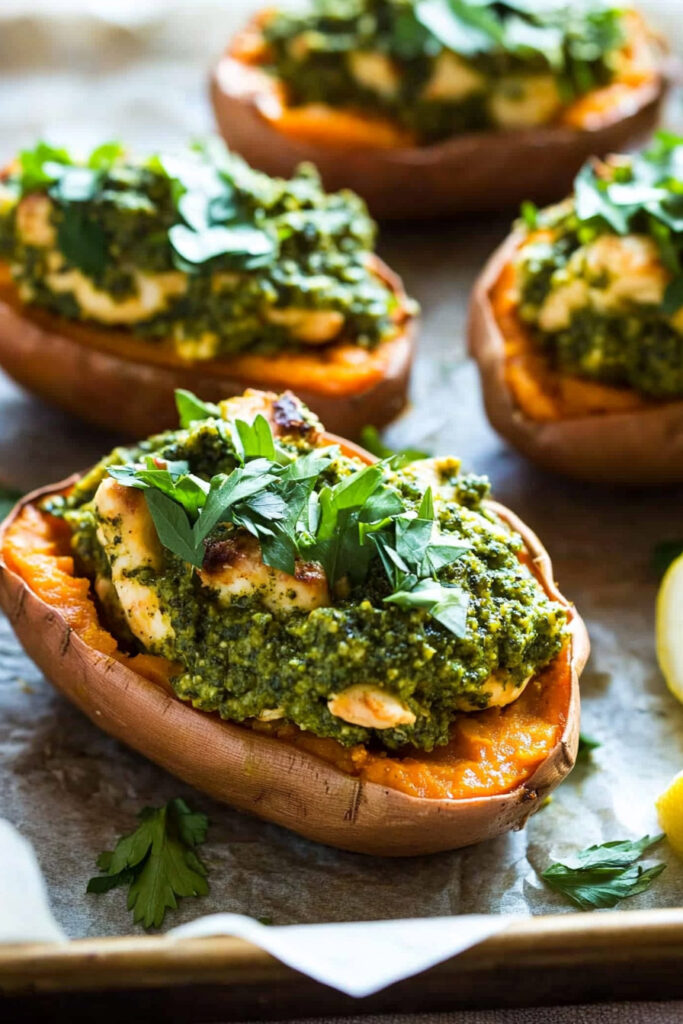 Serving the Chicken Pesto Stuffed Sweet Potatoes