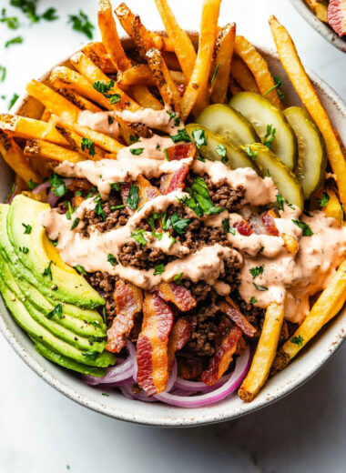 Serving Tips Paleo Burger Bowls with Fries