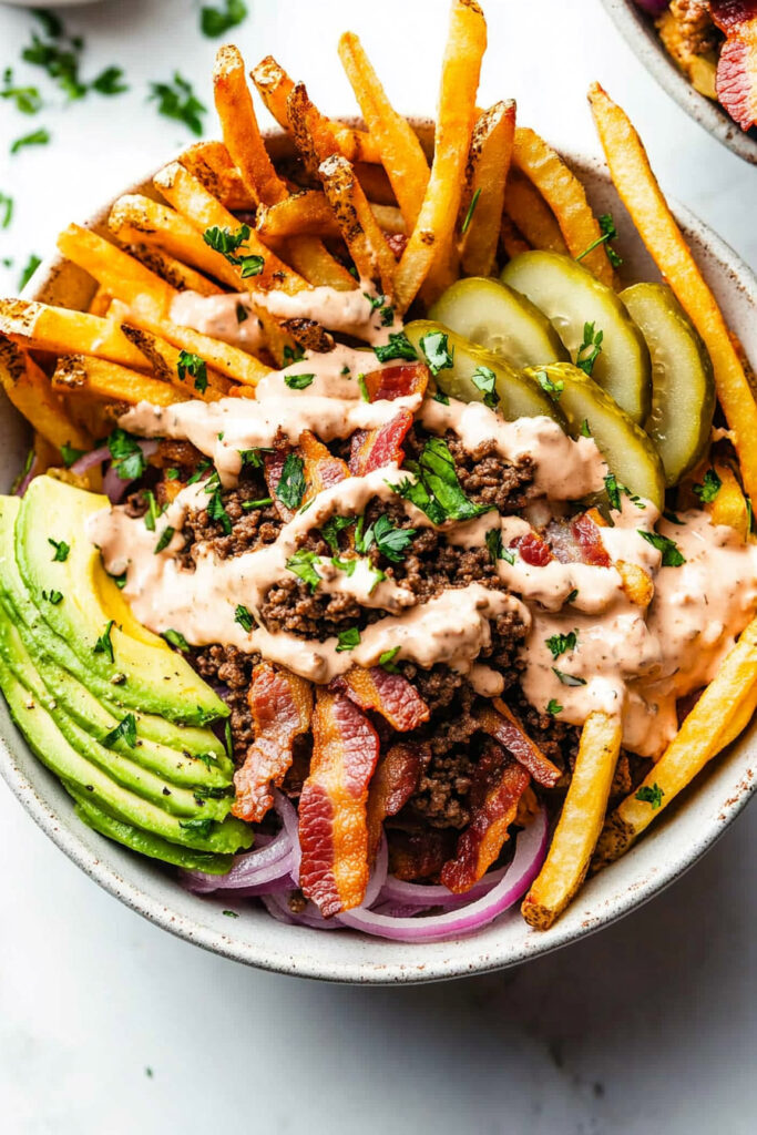 Serving Tips Paleo Burger Bowls with Fries